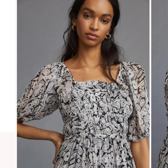 By Anthropologie Square neck Smocked Midi Dress Blank Pink Floral Chiffon XS - Picture 3 of 14